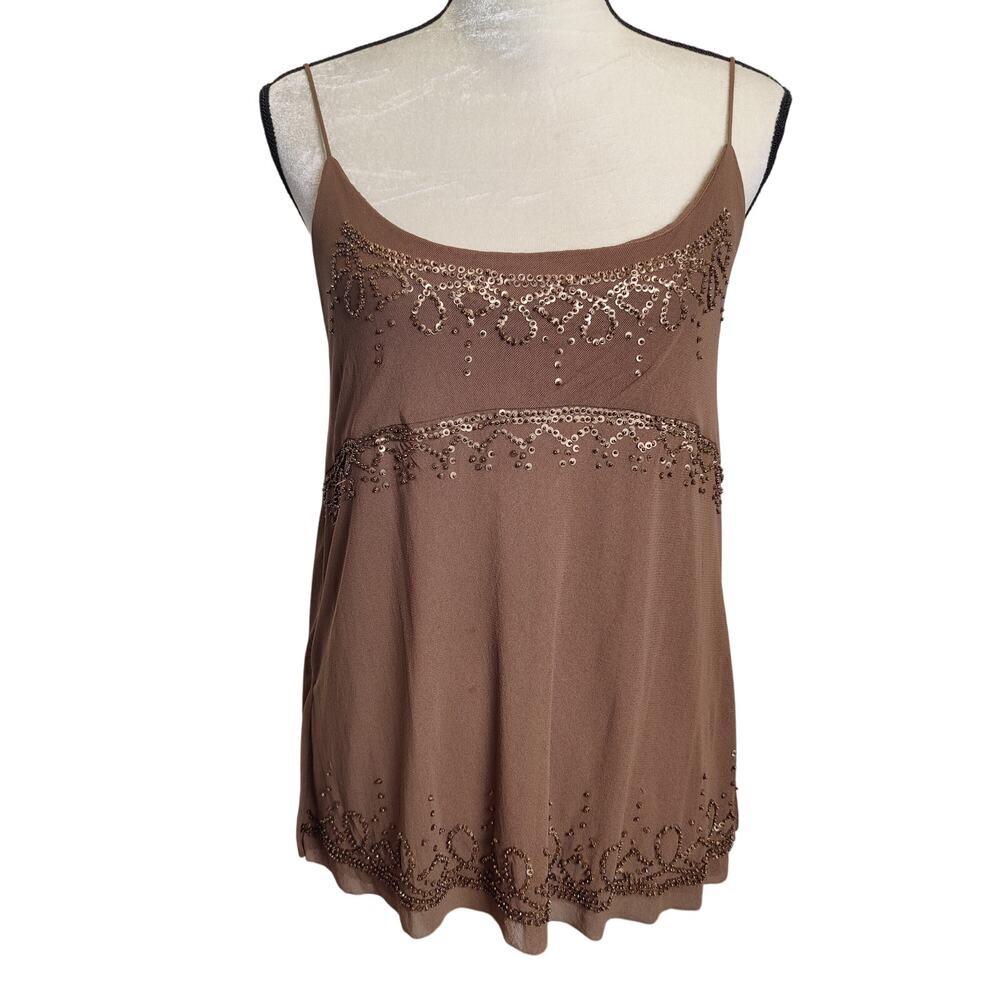 Vintage Y2K Limited Sz M Brown Sequin Sheer Mesh Tank Top Empire Babydoll Fairy